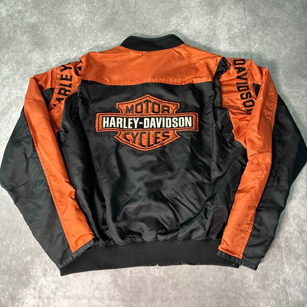 Vintage Harley Davidson Mens Bomber Jacket Black Orange Embroidered Logo Large